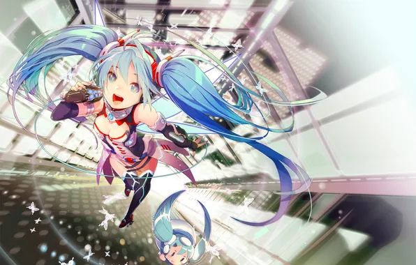 Picture girl, butterfly, anime, art, microphone, vocaloid, hatsune miku, gin