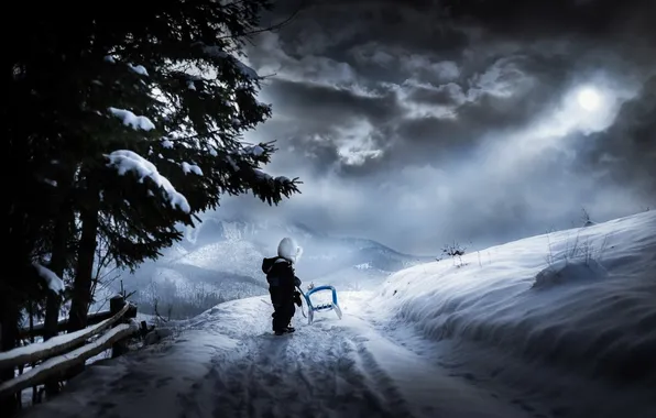 Winter, boy, sled