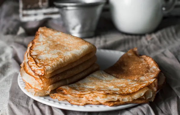 Milk, dishes, pancakes