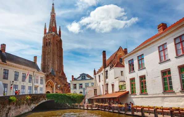 Bridge, home, channel, Belgium, Bruges, Church of Our Lady
