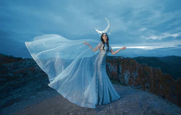 The sky, girl, stars, clouds, mountains, night, nature, pose