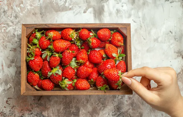 Berries, table, hand, strawberry, fingers, box, tray, treat