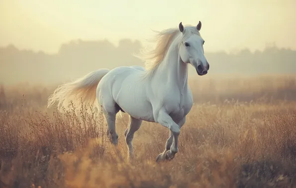 Field, white, grass, nature, fog, horse, horse, morning
