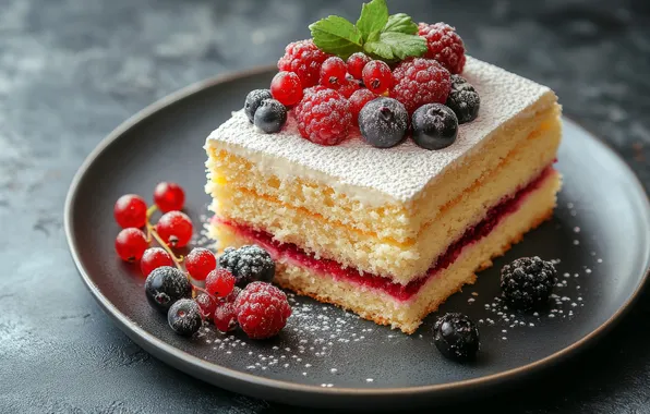 Berries, raspberry, blueberries, plate, cake, cake, layers, currants