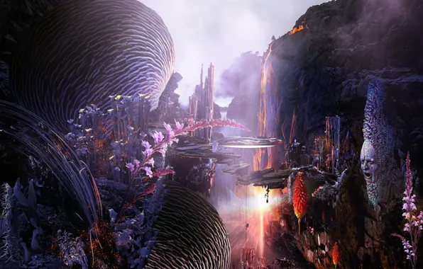 Night, darkness, plant, illusion, surreal, The Art of Fantasy, stone face