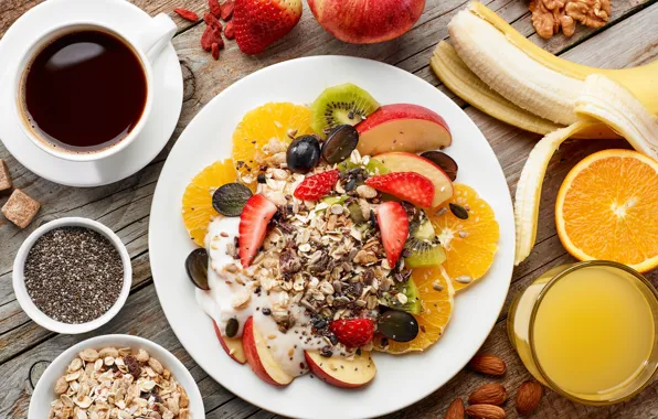 Berries, coffee, Breakfast, fruit, nuts, muesli, cereal