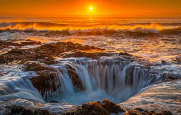 Sea, wave, the sky, the sun, stones, coast, horizon, surf
