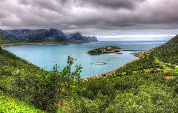 Sea, greens, trees, mountains, clouds, coast, island, HDR