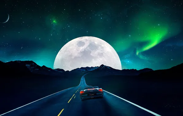 Road, machine, the sky, space, stars, mountains, night, rendering