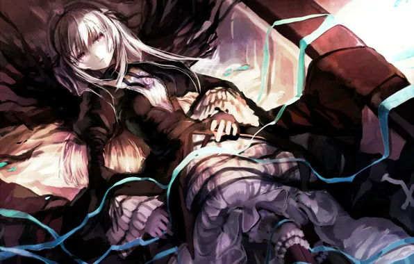 Tape, doll, blue, black dress, Suigintou, Rozen maiden, Rozen Maiden, long white hair
