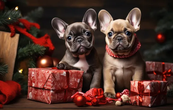 Dogs, look, lights, dog, Christmas, gifts, New year, a couple