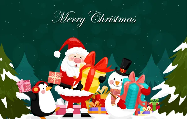 Picture Smile, Christmas, New year, Holiday, Merry Christmas, Penguin, Gifts, Santa Claus