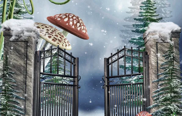 Winter, snow, trees, snowflakes, mushrooms, Amanita, wicket