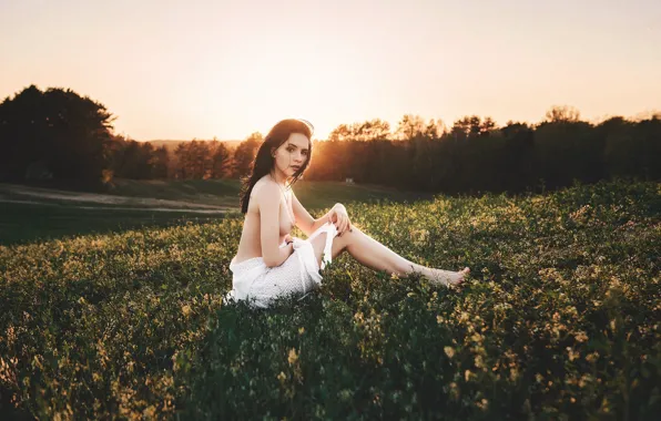 Chest, look, the sun, trees, nature, pose, glade, model