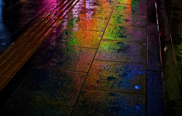 Night, rain, street, rainbow, wet, Japan, Hiroshima
