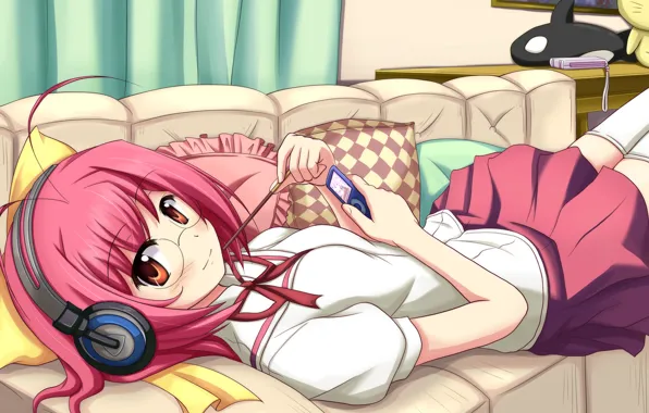 Picture girl, sofa, headphones, glasses, player, lies, pink hair, anime