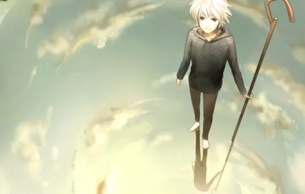 The sky, water, clouds, reflection, anime, art, cane, guy