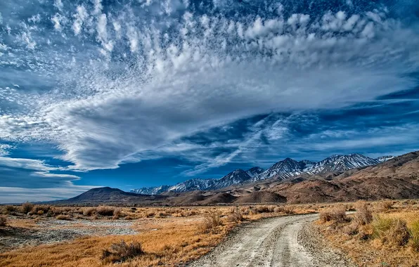 Road, the sky, clouds, mountains, stones