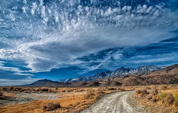 Picture road, the sky, clouds, mountains, stones
