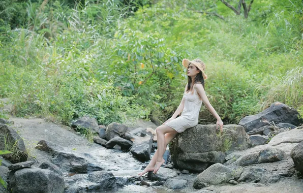 Rock, Beautiful, Asian, Model, Water, Woman, Hat, Pretty