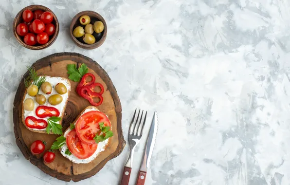 Bread, light background, tomatoes, olives, stand, sandwiches