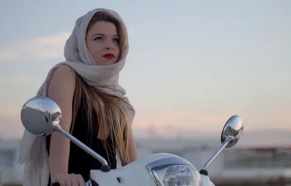 Picture girl, face, background, scarf, lipstick, shawl, scooter