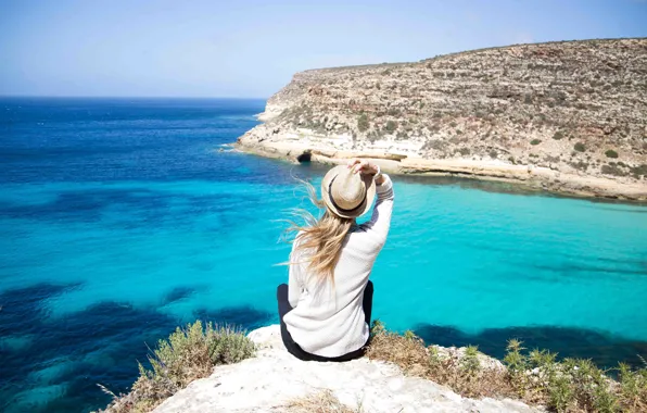 Picture sea, girl, the wind, hair, view, rock, hat