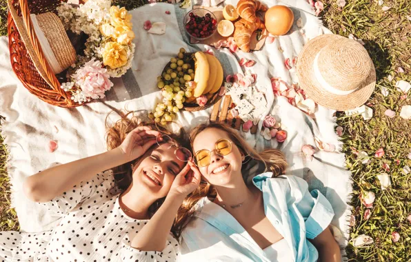 Summer, light, girls, stay, glade, fruit, picnic, basket