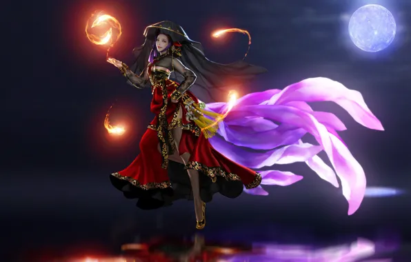 Night, magic, the moon, the game, fantasy, art, Ahri, Hotduck Yoon