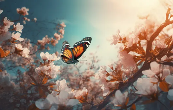 Light, butterfly, flowers, branches, butterfly, spring, pink, flowering