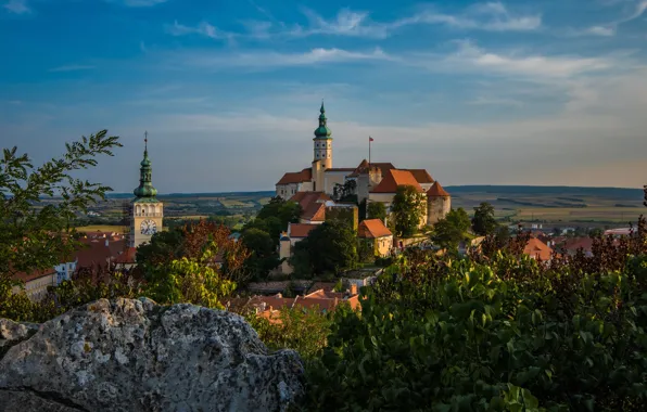 The sky, clouds, the city, blue, stones, castle, foliage, watch
