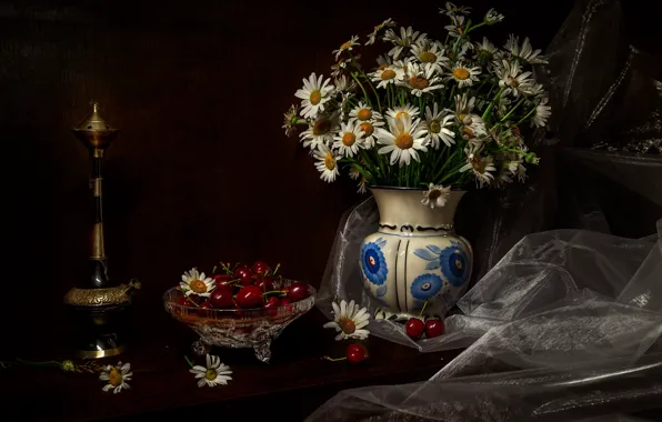 Flowers, cherry, berries, the dark background, table, hookah, chamomile, bouquet