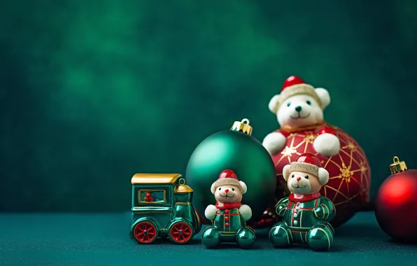 Balls, toys, Christmas, New year, figures, green background, Christmas decorations, AI art