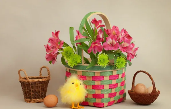 Flowers, basket, eggs, Easter, chicken