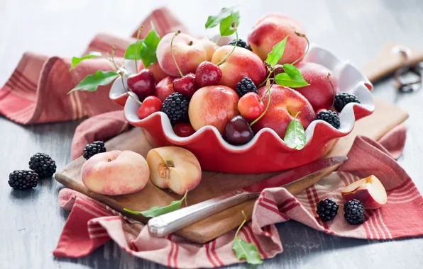 Summer, cherry, berries, knife, Board, fruit, still life, peaches