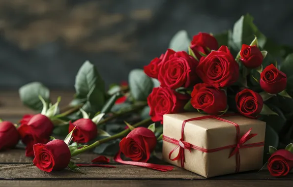 Flowers, holiday, gift, Board, roses, bouquet, petals, red