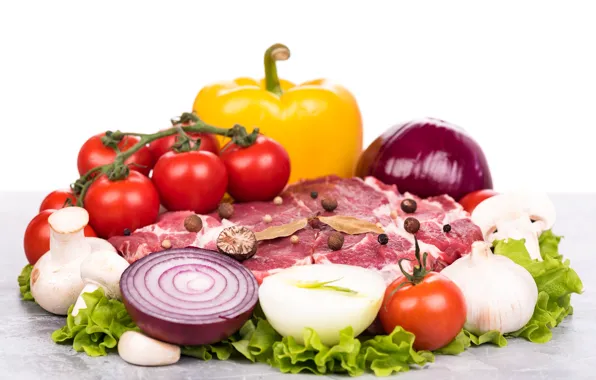 Mushrooms, meat, pepper, vegetables, tomatoes, mushrooms, tomatoes, meat