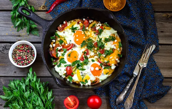 Picture knife, pepper, plug, scrambled eggs, vegetables, tomatoes, parsley, spices