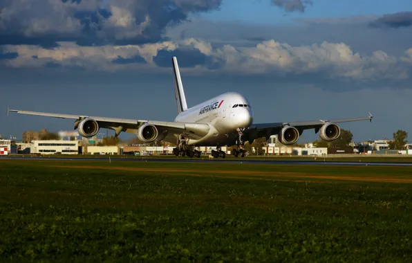 Picture The sky, Clouds, Grass, The plane, Liner, Airport, A380, The rise