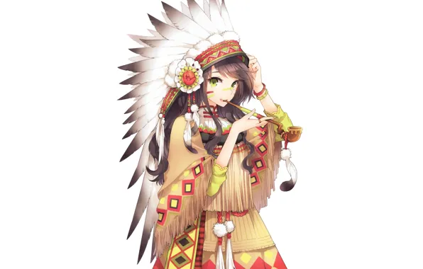 Girl, tube, anime, feathers, art, Indian, nardack