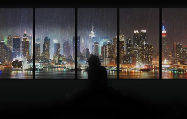 Girl, night, the city, rain, Anime