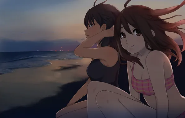 Sea, beach, the sky, clouds, sunset, lights, girls, shore