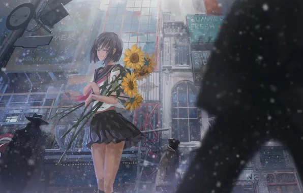 Picture winter, girl, snow, sunflowers, flowers, street