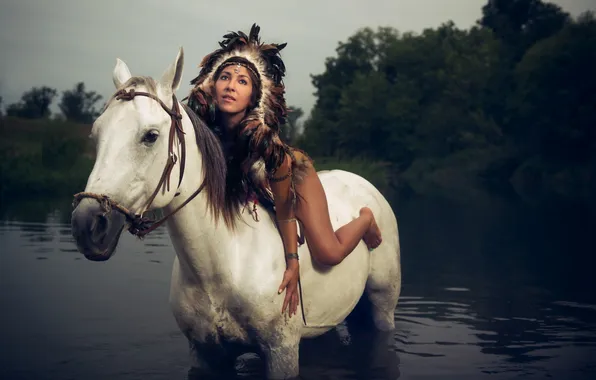 Girl, river, horse