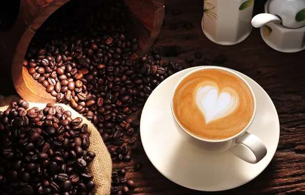 Heart, figure, mug, cappuccino, coffee beans, saucer, foam