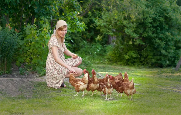 GIRL, VILLAGE, RETRO, VINTAGE, VILLAGE, CHICKEN, SERGEY VINTOVKIN