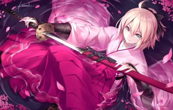 Picture girl, weapons, sword, kimono, sitting, Fate Stay Night, saber, anime