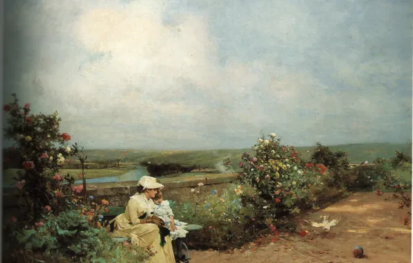 Picture river, dove, the ball, mother and daughter on the bench, Heilbuth, the bushes of flowers