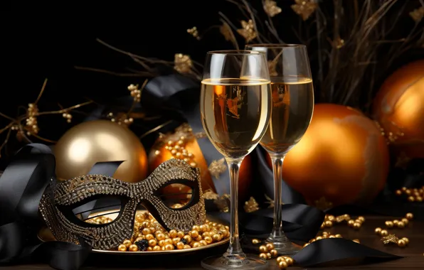 Holiday, wine, mask, glasses, Christmas, alcohol, New year, champagne
