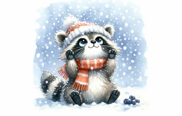 Winter, snow, hat, new year, scarf, Christmas, the snow, raccoon
